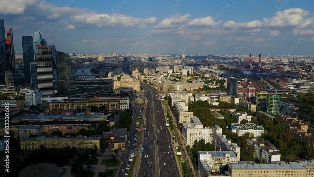 A view of the city from a height. Footage. The old buildings of Moscow and the White House
