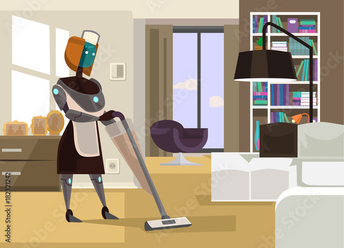 Housewife robot cleaning house. Vector flat cartoon illustration