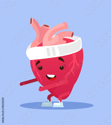 Happy smiling healthy heart character exercising. Vector flat cartoon illustration