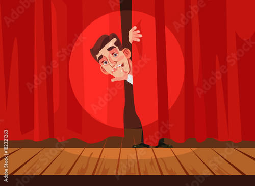 Man afraid of perform stage. Phobia concept. Vector flat cartoon illustration