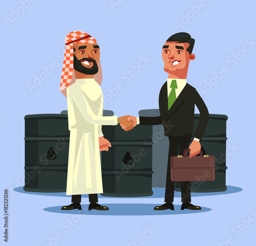 Arabian and european businessman deal contract and shaking hands. Oil black gold concept. Vector flat cartoon illustration