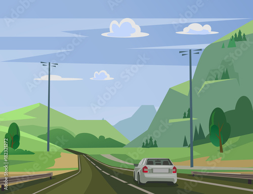 Moving car on road past forest. Vector flat illustration