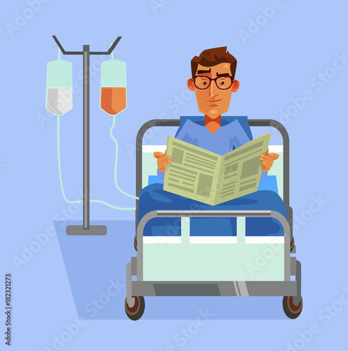 Happy smiling patient laying in bed and reading newspaper. Vector flat cartoon illustration