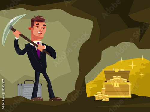 Businessman character looking for hidden treasures. Vector flat cartoon illustration