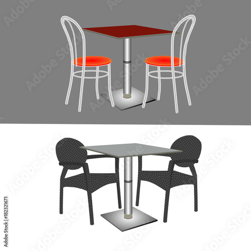 Set of furniture for bars and cafes (tables and chairs) isolated on a gray and white background