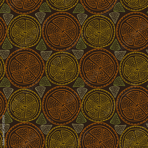 Orange slices background. Dark seamless pattern. Vector for fabric, textile, wrapping and packaging design.