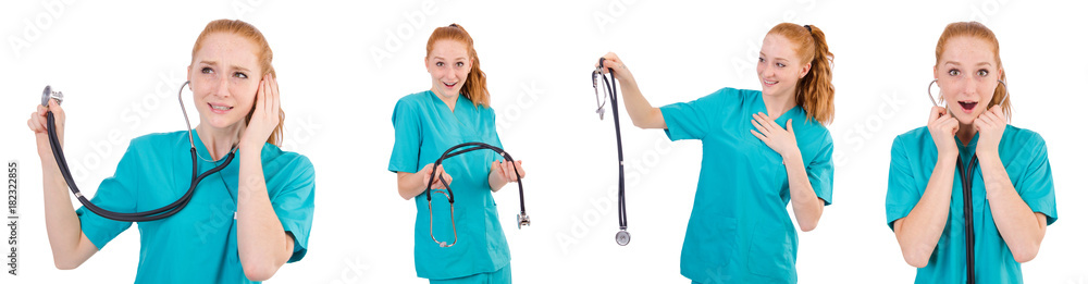 Young medical trainee with stethoscope isolated on white Young medical trainee with stethoscope isolated on white