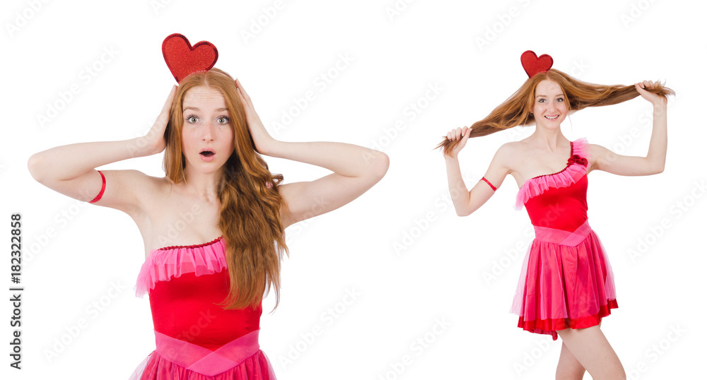 Pretty young model in mini pink dress isolated on white Pretty young model in mini pink dress isolated on white