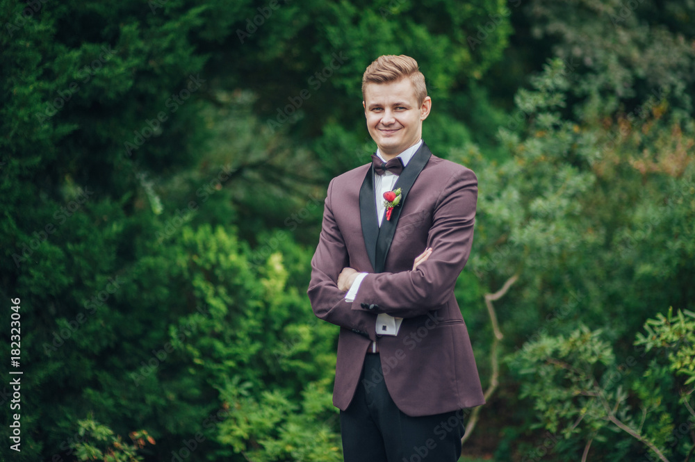 Handsome brunette groom stands on green lawn Handsome brunette groom stands on green lawn