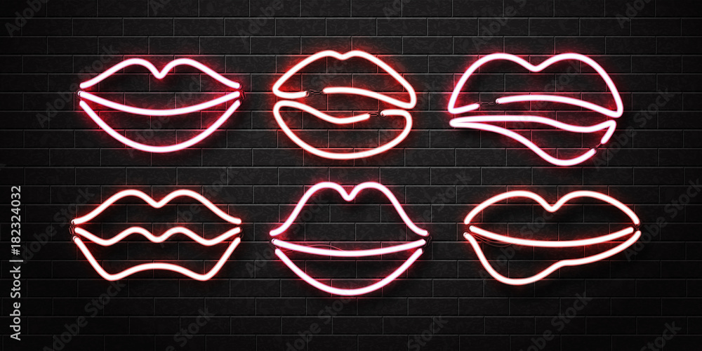 Vector set of realistic isolated neon erotic lips sign for decoration and covering on the wall background. Vector set of realistic isolated neon erotic lips sign for decoration and covering on the wall background.