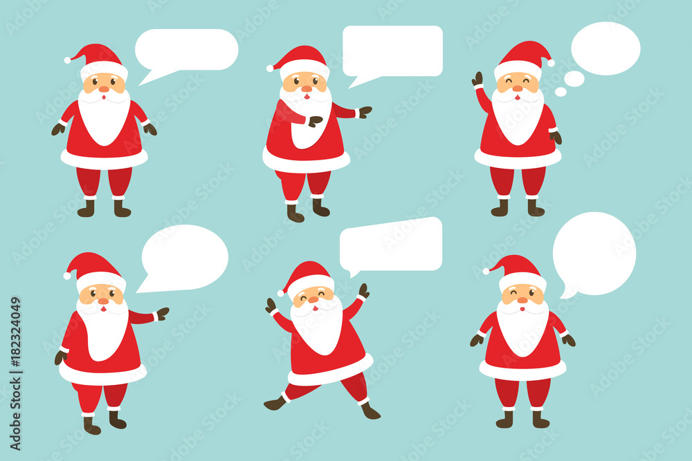 Vector set of cartoon isolated Santa Claus character with speech bubbles for decoration and covering on the bright background. Concept of Merry Christmas and Happy New Year.