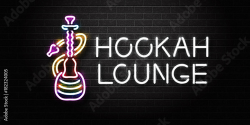 Vector realistic isolated neon sign of Hookah for decoration and covering on the wall background. Concept of hookah lounge.