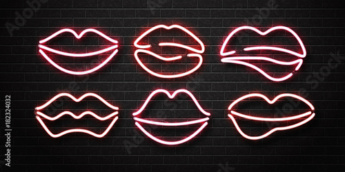 Vector set of realistic isolated neon erotic lips sign for decoration and covering on the wall background.