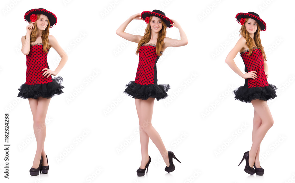 Young redhead girl in polka dot dress and sombrero isolated on Young redhead girl in polka dot dress and sombrero isolated on