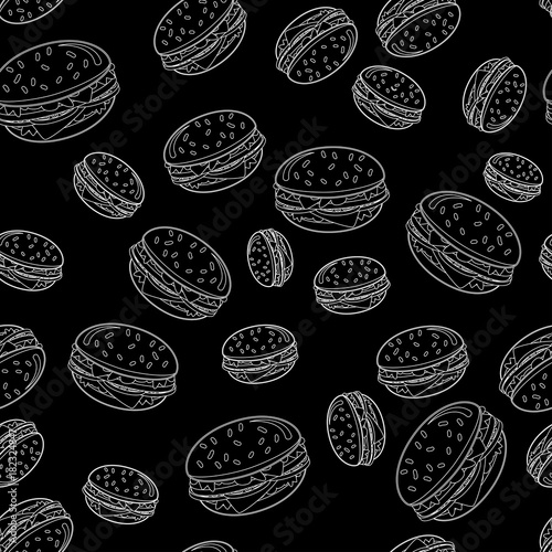 Abstract seamless burger pattern for girls or boys. Creative vector background with a burger, hamburger cute eyes. Funny hamburger pattern for textile and fabric. Fashion style. Monochome black, white