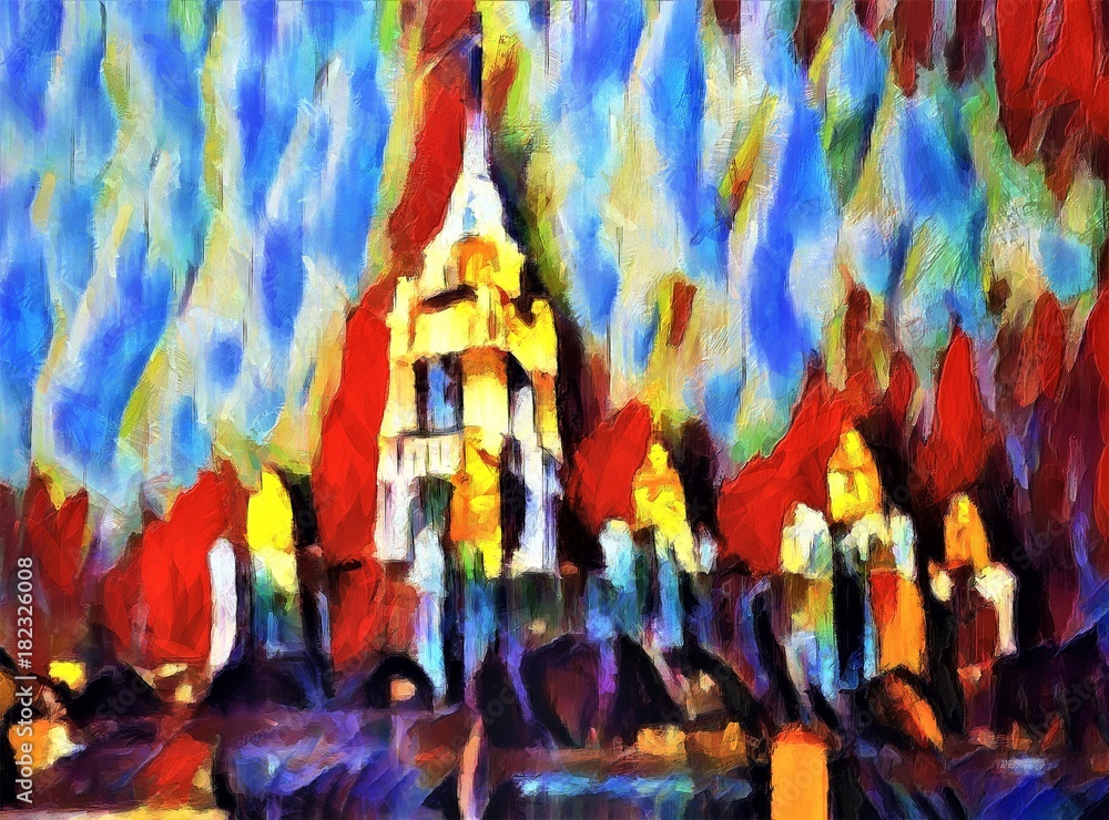 Stalin's skyscraper in the center of Moscow in evening. Large size modern wall art oil painting on canvas. Colorful abstract impressionism artwork.