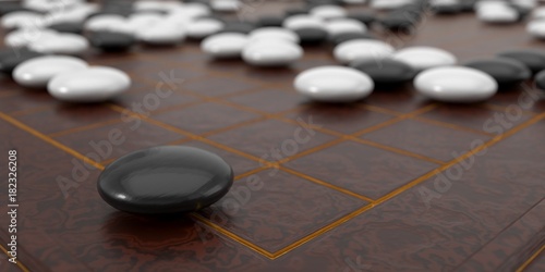 Close up view of traditional asian goban board and weiqi go game. 3d illustration photo