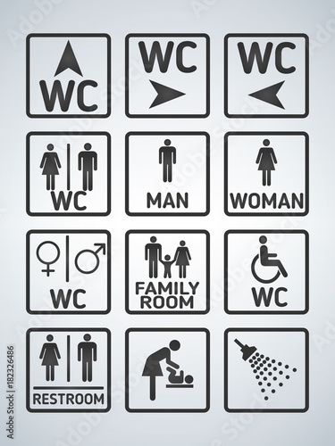 WC Toilet door plate icons set. Men and women WC sign for restroom. Bathroom plate.