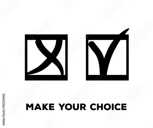 Yes and No Vector Set Square Frames, Isolated.  Hand Painted Election, Quizz, Voting, Test Symbols. Ink Brush Rejection and Approval, Query Choice Icons. Yes and No Tick and Cross Symbolic Marks.