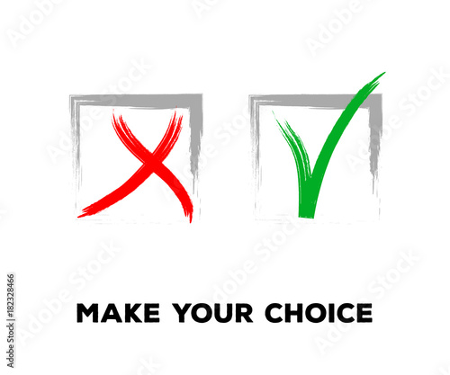 Yes and No Vector Set Square Frames, Isolated.  Hand Painted Election, Quizz, Voting, Test Symbols. Ink Brush Rejection and Approval, Query Choice Icons. Yes and No Tick and Cross Symbolic Marks.