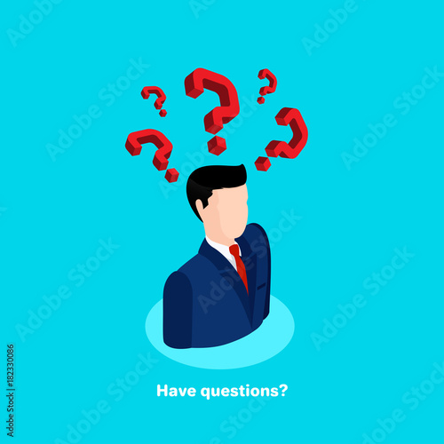 a man in a business suit and a red tie, question marks over his head, an isometric icon