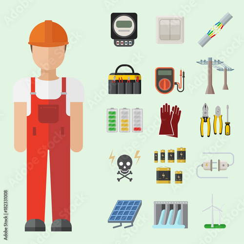 Energy electricity power icons battery vector illustration industrial electrician voltage socket technology.