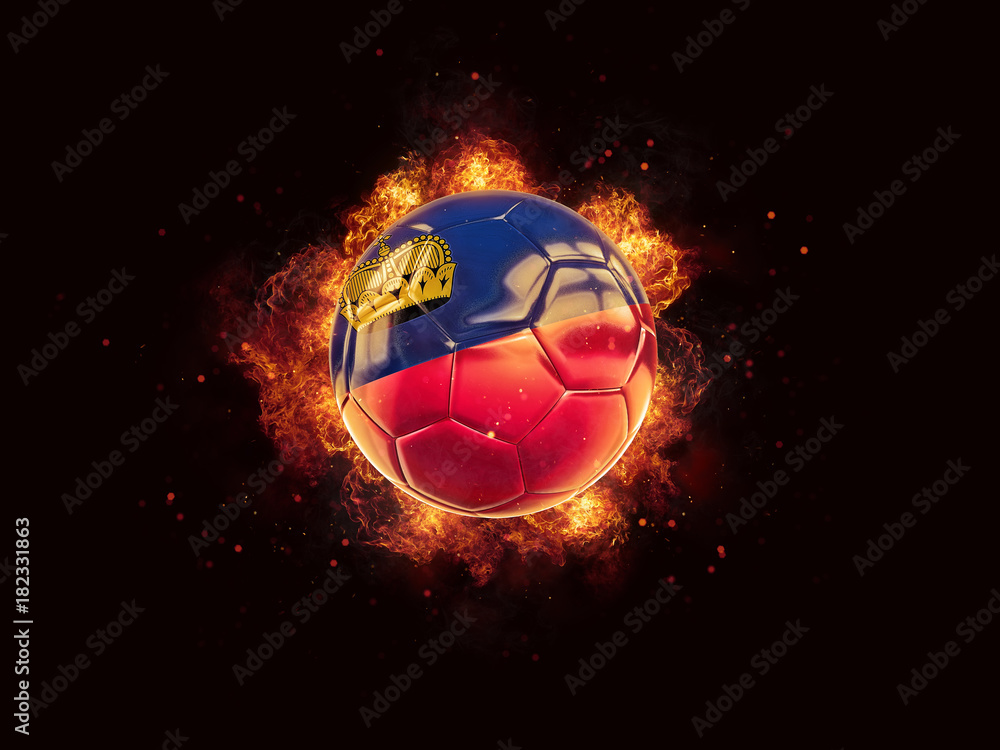 Fototapeta premium Football in flames with flag of liechtenstein