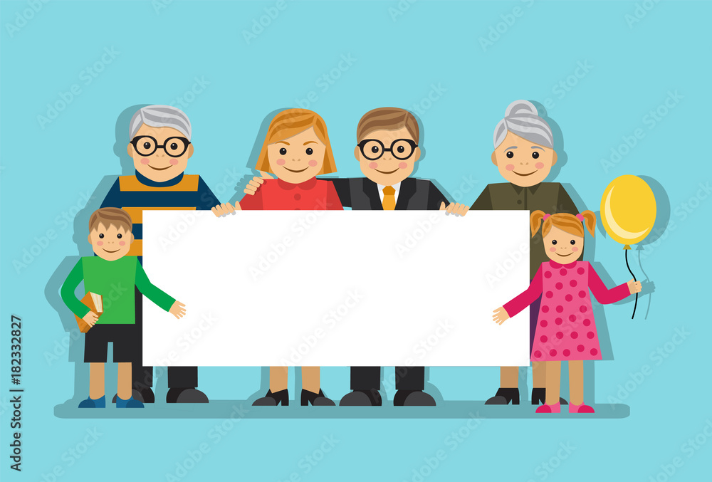large happy family holding a big blank poster with a place for writing large happy family holding a big blank poster with a place for writing