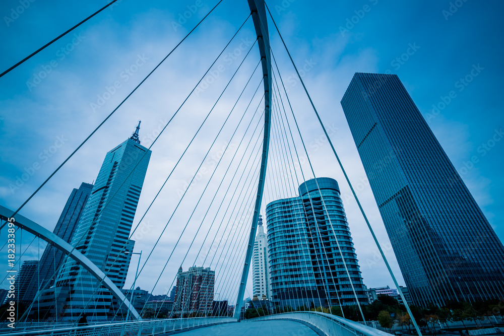 Obraz premium steel bridge and modern skyscrapers against sunbeam