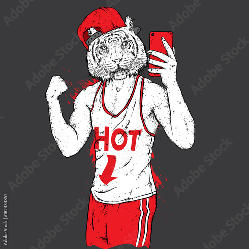 Fototapeta Naklejka Na Ścianę i Meble -  Tiger with a beautiful male body. The sports guy strained his biceps doing selfie. Vector illustration for a postcard or a poster, print for clothes. Sports, clothing and accessories.