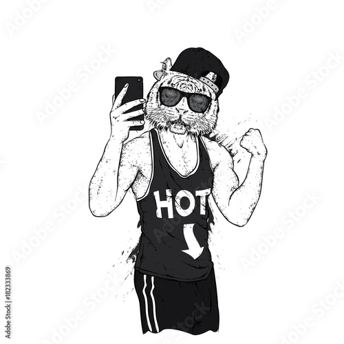 Fototapeta Naklejka Na Ścianę i Meble -  Tiger with a beautiful male body. The sports guy strained his biceps doing selfie. Vector illustration for a postcard or a poster, print for clothes. Sports, clothing and accessories.