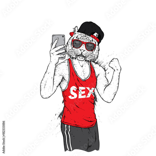 Fototapeta Naklejka Na Ścianę i Meble -  Tiger with a beautiful male body. The sports guy strained his biceps doing selfie. Vector illustration for a postcard or a poster, print for clothes. Sports, clothing and accessories.