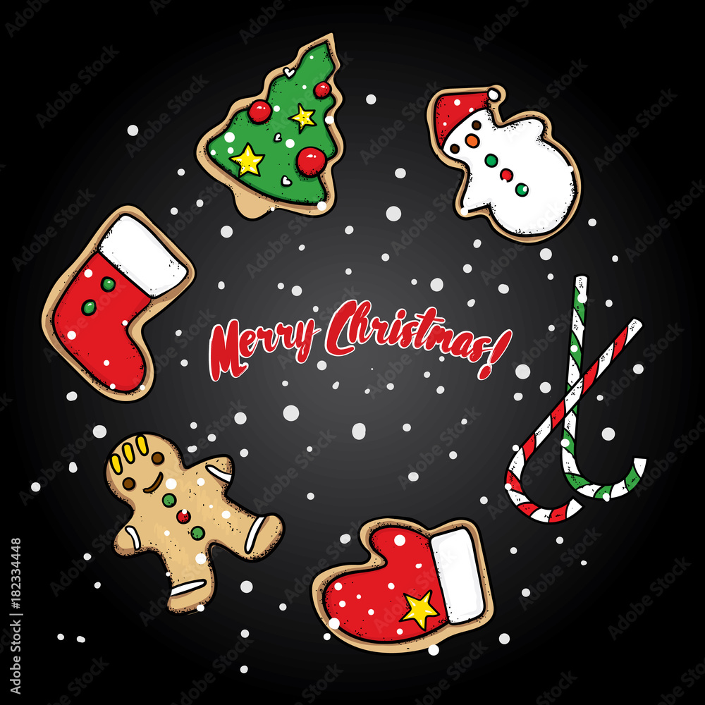 Naklejka premium A set of Christmas cookies - a Christmas tree, a snowman, gingerbread, a mitten and Santa's felt boots. Vector illustration. New Year stickers on the background of vintage boards.