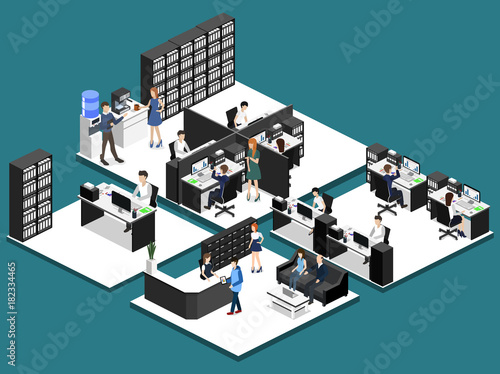 Isometric 3D illustration set Interior of department office with workplaces