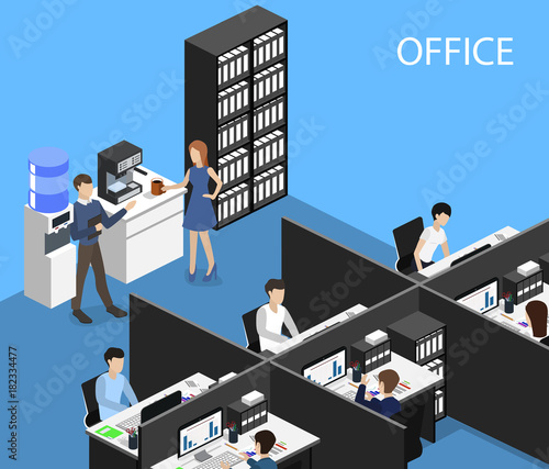 Isometric 3D illustration set Interior of department office with workplaces