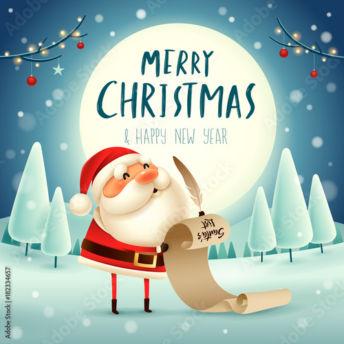 Merry Christmas! Santa Claus is holding a long checking list in the moonlight. Winter landscape.