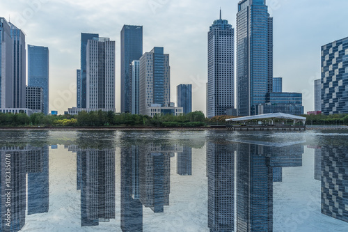 Tianjin city waterfront downtown skyline China..