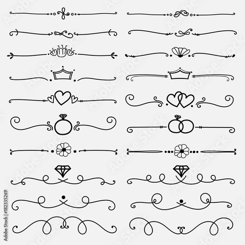 Set Of Decorative Calligraphic Elements For Decoration. Handmade Vector Illustration.