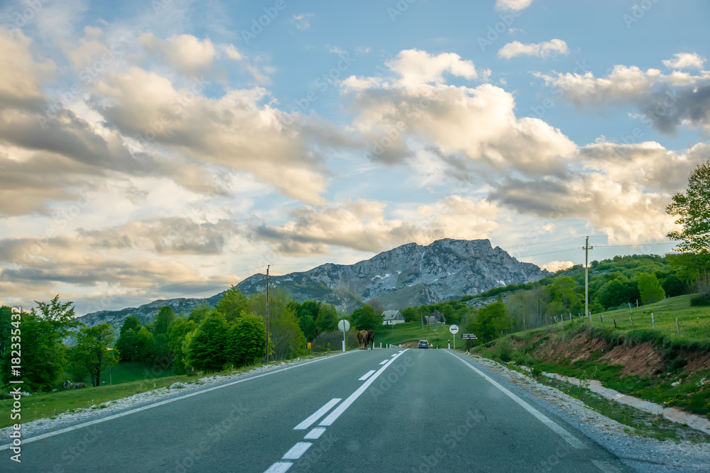 A picturesque journey along the roads of Montenegro among rocks and tunnels. The river Moraca.