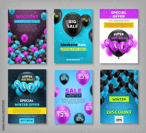 Black Friday set, coupons, vouchers, flyers, posters. Invitation cards, promotional materials, profitable offers for seasonal shopping. Vector illustration of winter sale