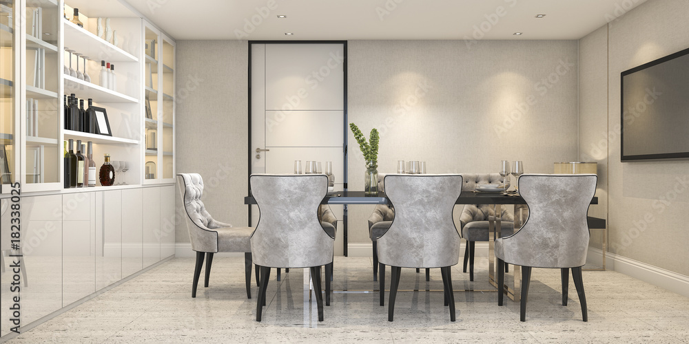 3d rendering dining set in modern luxury dining room near door Stock ...
