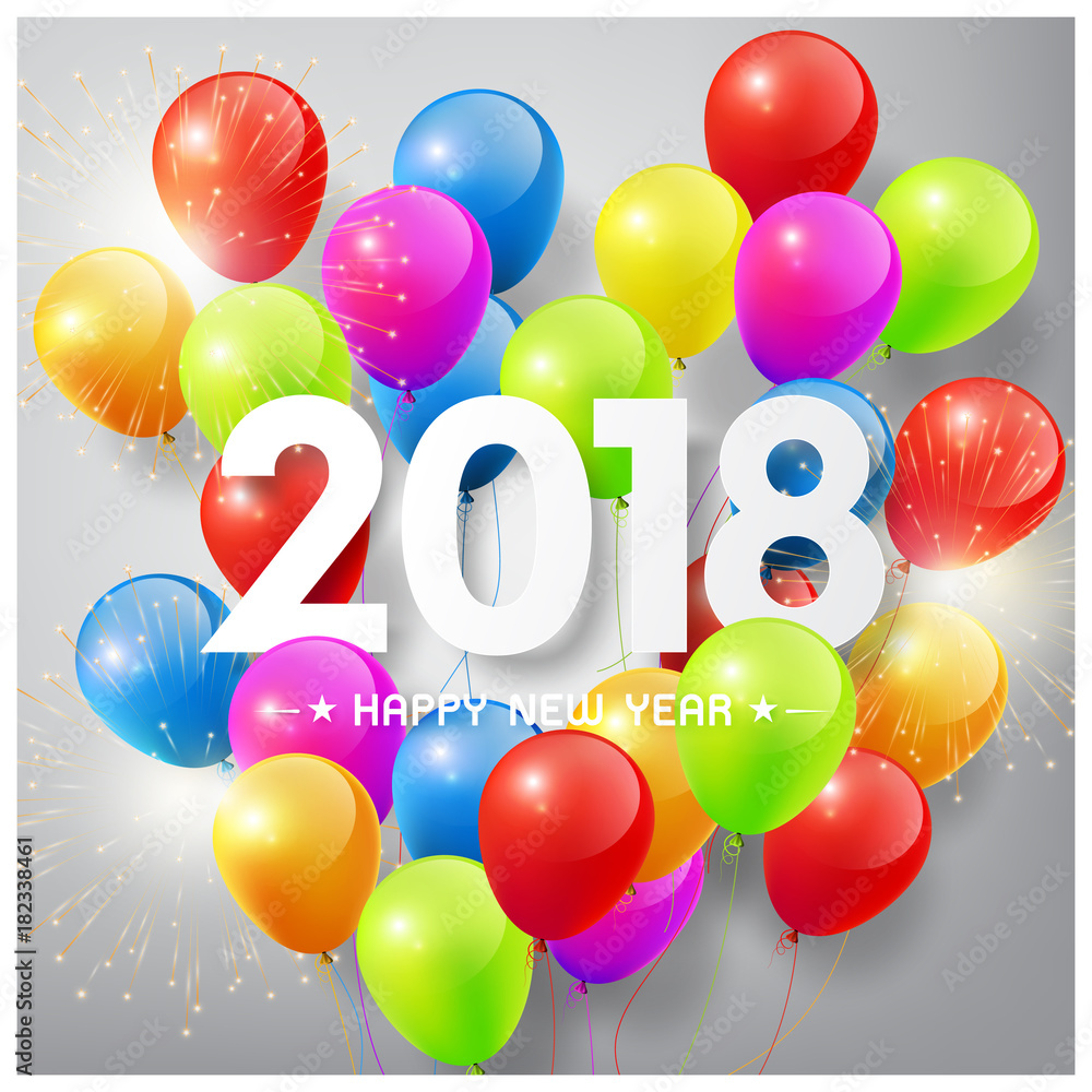 Happy New Year 2018 with colorful balloons and firework, vector illustration Happy New Year 2018 with colorful balloons and firework, vector illustration