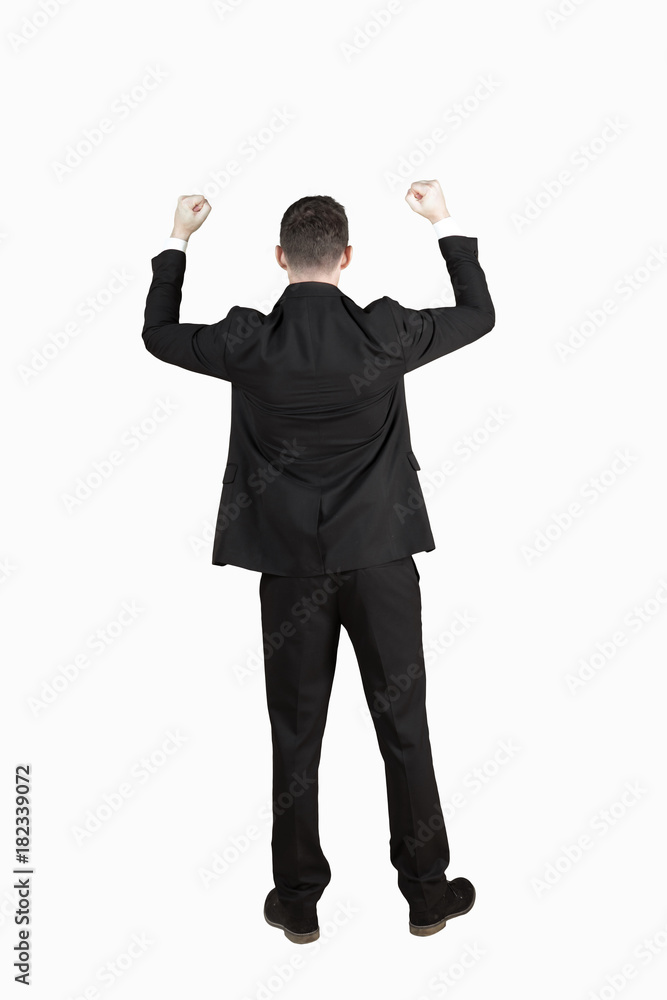 Male manager celebrate his success on studio Male manager celebrate his success on studio