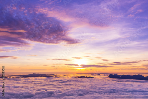 Sunrise and Sea of fog at pah nok ann at Phu Kradueng National Park , Loei Thailand