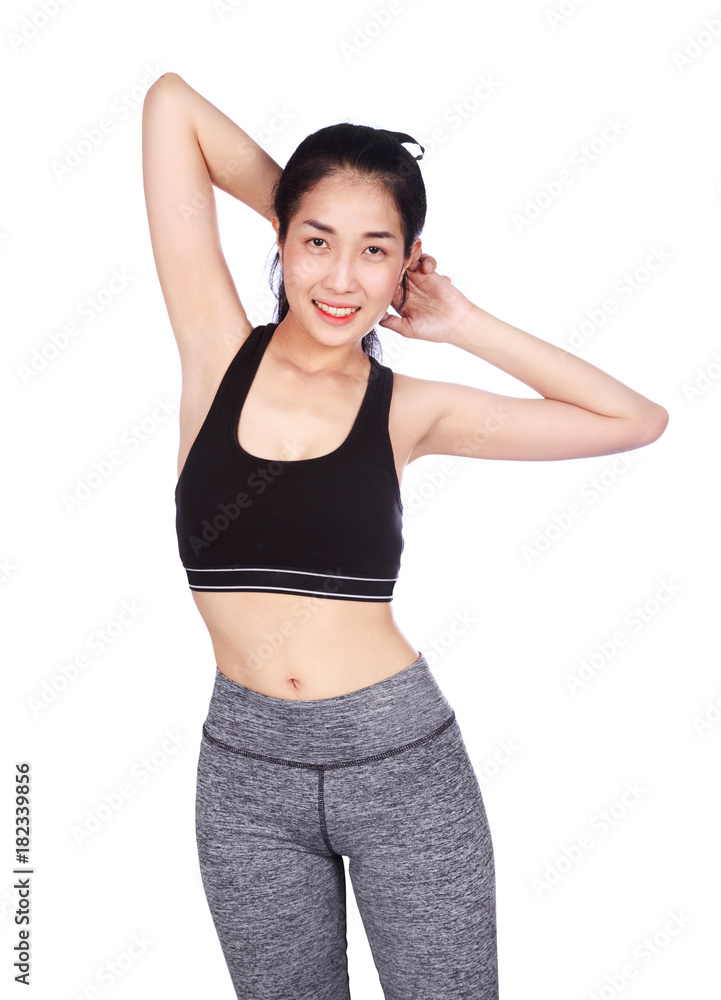fitness woman stretching the muscles of her arms isolated on white background fitness woman stretching the muscles of her arms isolated on white background