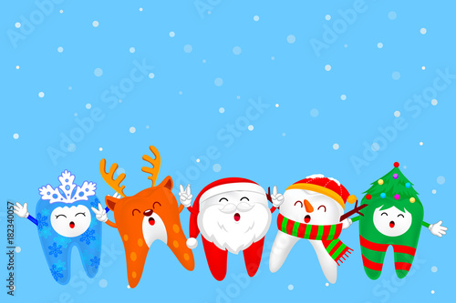 Christmas Tooth Characters design, Santa Claus, Snowman, snowflake, Christmas tree and Reindeer. Merry Christmas and Happy new year concept. Illustration with snow background.