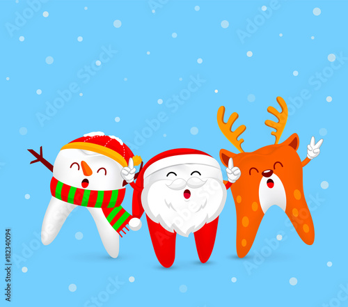Christmas Tooth Characters design, Santa Claus, Snowman and Reindeer. Merry Christmas and Happy new year concept. Illustration with snow background.