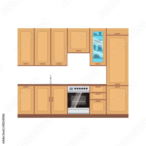 Kitchen design interior vector modern illustration room. Furniture drawing home line. Stove, food, cooking flat style