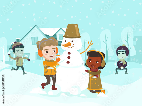 Multicultural children playing snowball fight and making a snowman in the yard. Happy African-american, Asian, Caucasian little friends having fun in the snow in winter. Vector cartoon illustration.