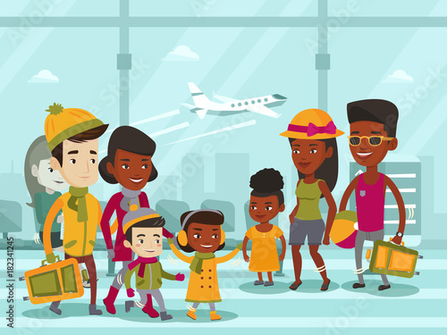 Diverse group of multiethnic tourists in warm winter and summer clothes walking at the airport. African-american and biracial families with kids meeting at the airport. Vector cartoon illustration.
